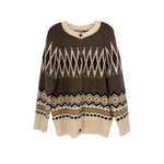 Brown crewneck button-front cardigan with fair isle zigzag knit pattern