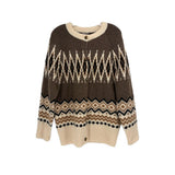 Brown crewneck button-front cardigan with fair isle zigzag knit pattern