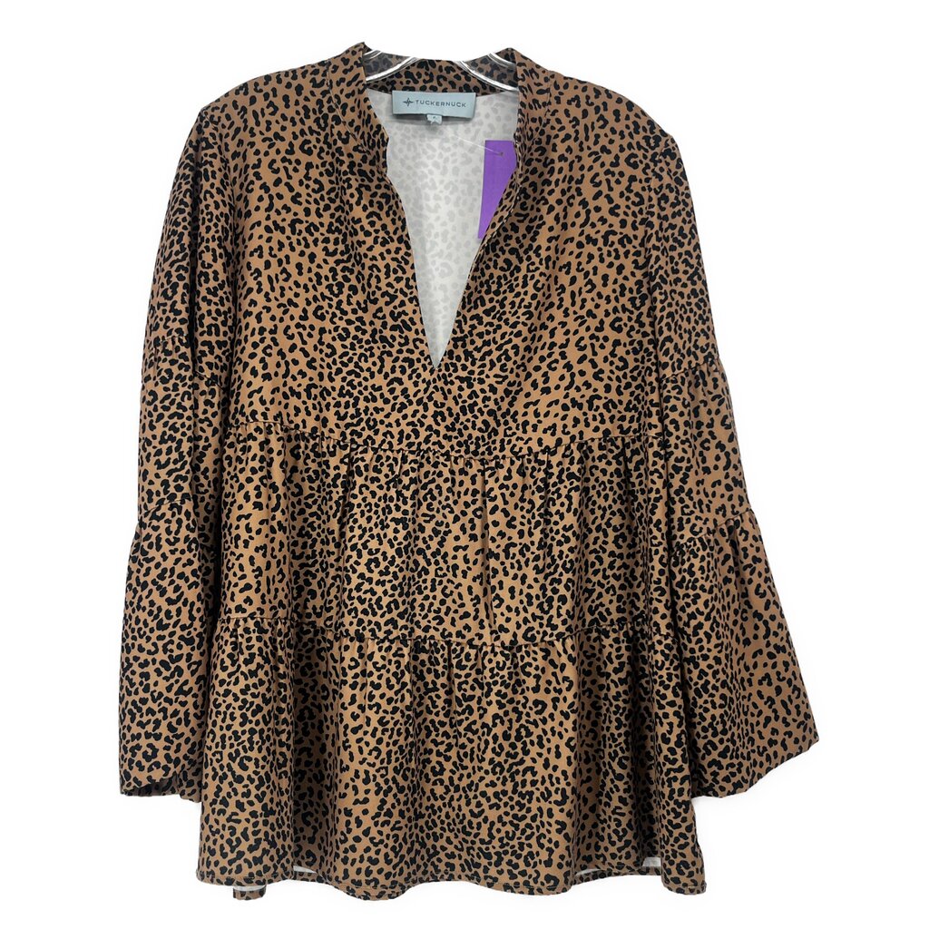 Leopard print V-neck long-sleeve top with gathered waist and flared hem