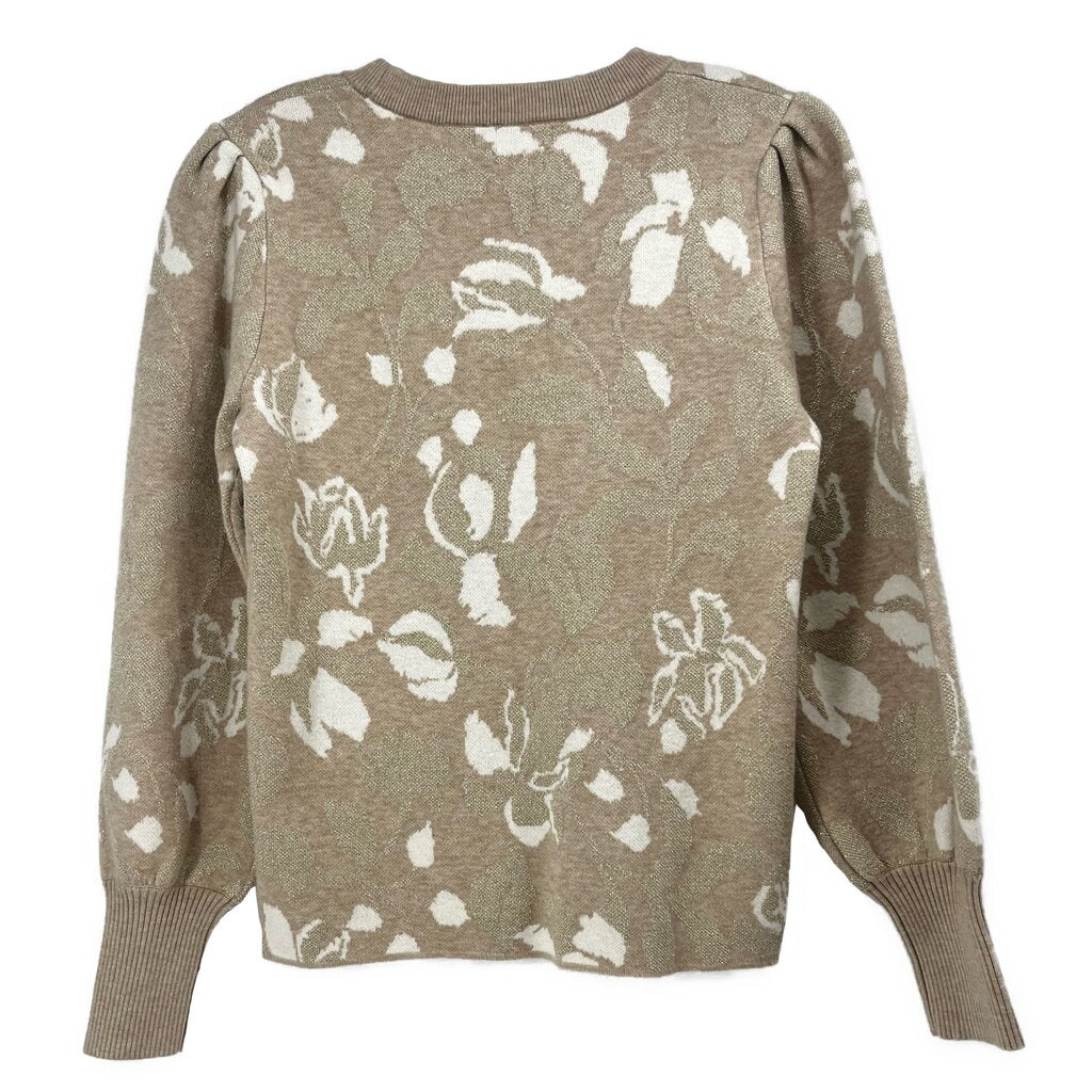 Taupe knit top with cream floral pattern, crew neck, and ribbed long sleeves
