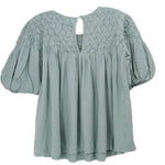 Green short sleeve top with puff sleeves and keyhole neckline, pleated front