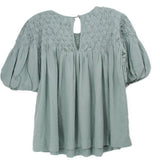 Green short sleeve top with puff sleeves and keyhole neckline, pleated front