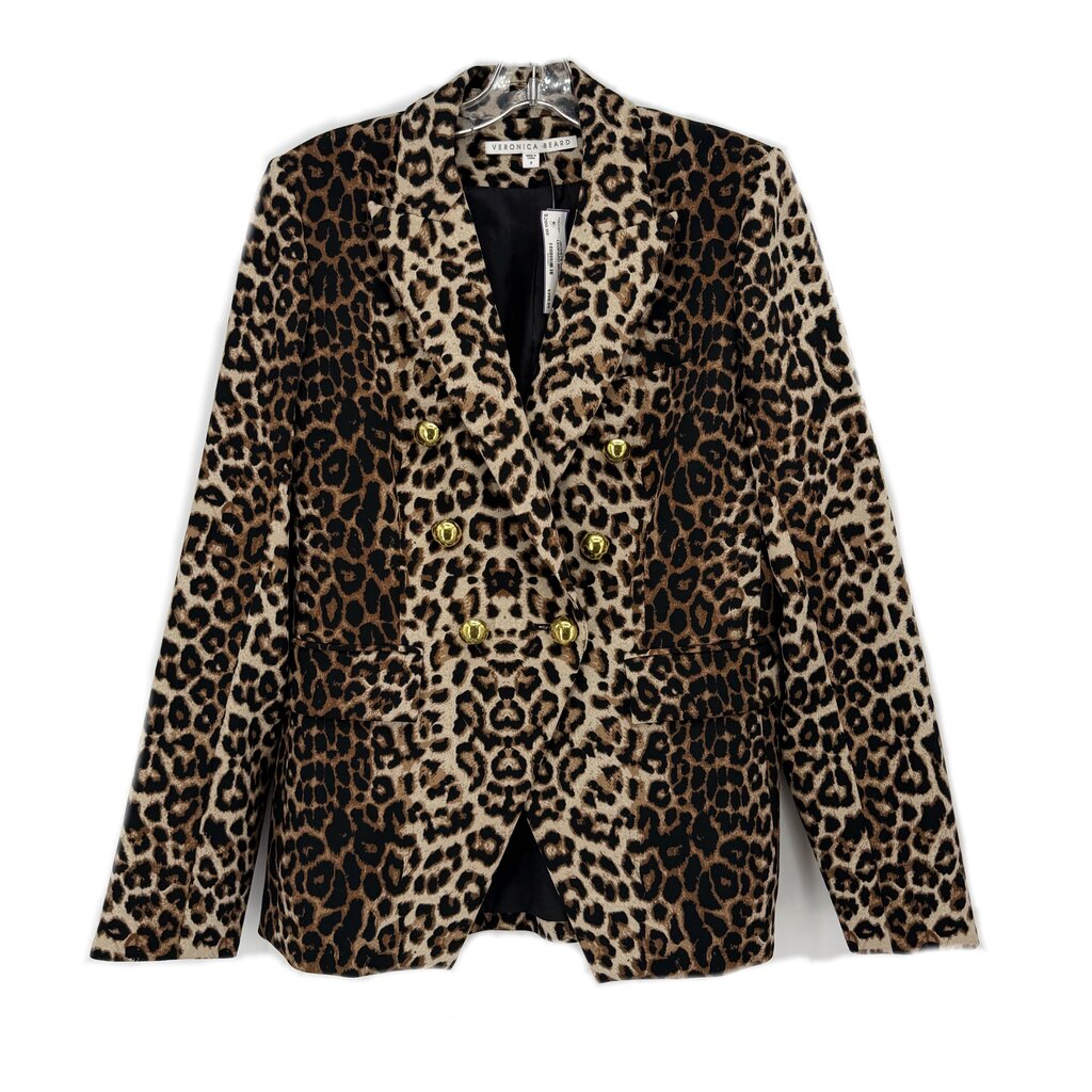 VERONICA BEARD leopard print jacket with gold buttons, notch lapel, front view