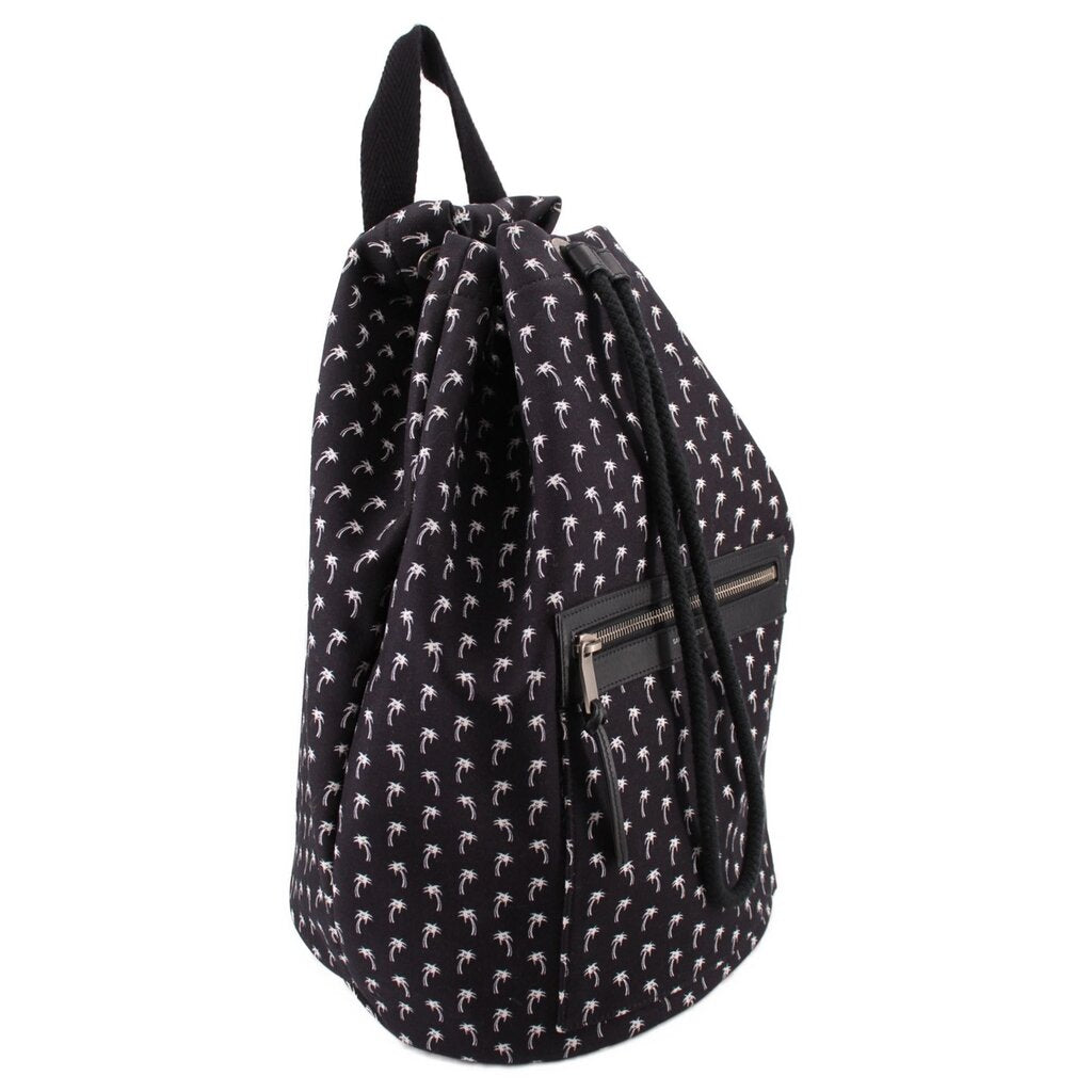 Black palm-print backpack, side profile with front zip pocket and adjustable shoulder strap