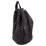Black palm-print backpack, side profile with front zip pocket and adjustable shoulder strap
