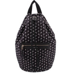 Black backpack with white palm pattern, drawstring top, front zip pocket and leather pull tab