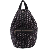 Black backpack with white palm pattern, drawstring top, front zip pocket and leather pull tab