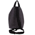 Black palm-print backpack back view with top carry handle and adjustable strap with clasp