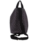 Black palm-print backpack back view with top carry handle and adjustable strap with clasp