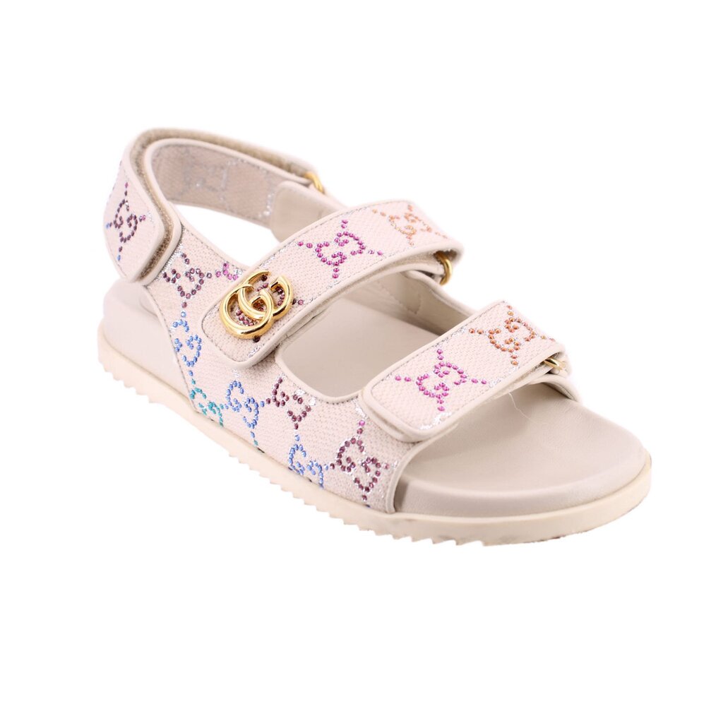Cream rhinestone sport sandals with GG gold-tone buckle and double straps