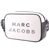 White and black camera crossbody bag with front logo, curved black edge trim