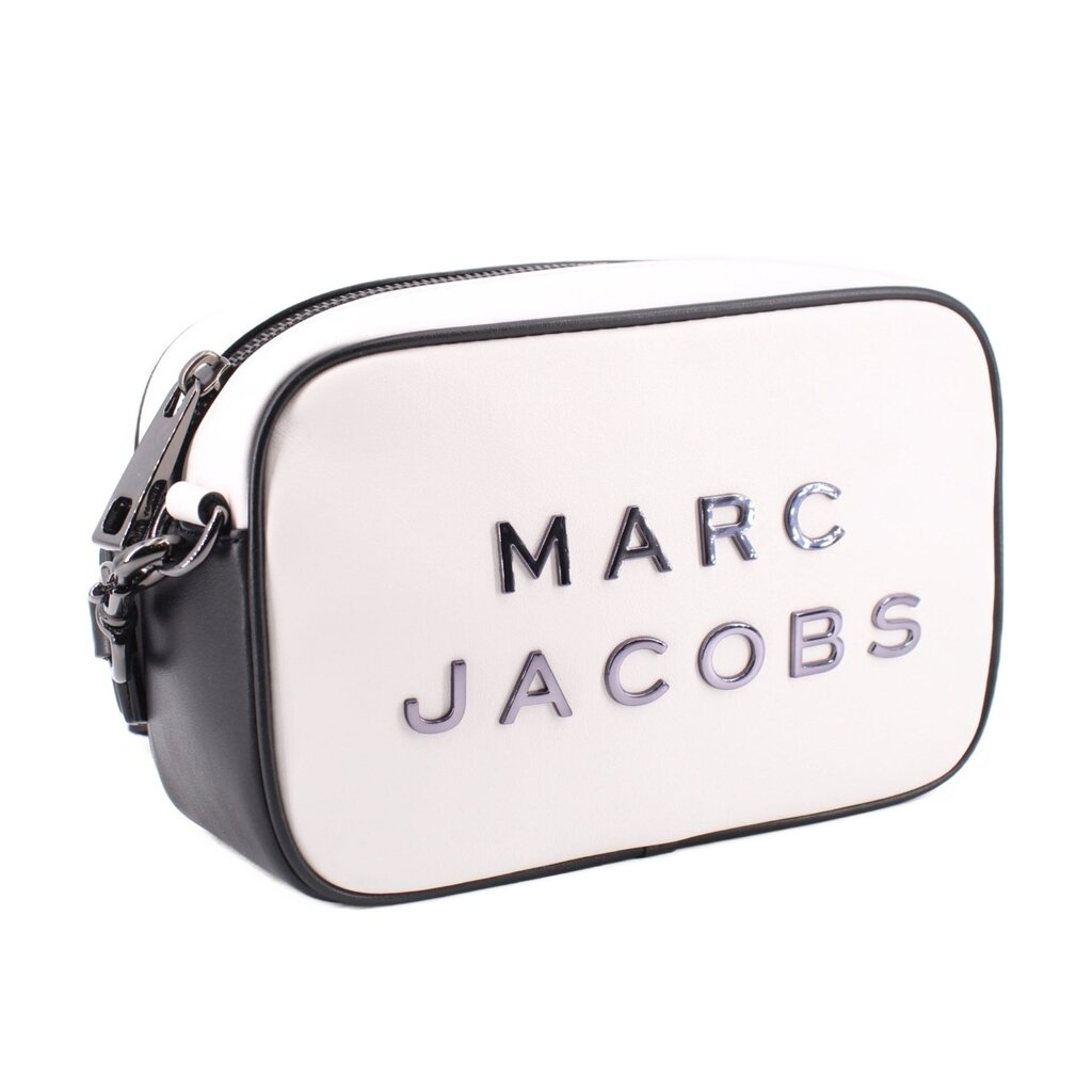 Two-tone camera crossbody bag in white with black trim and front logo
