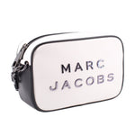 Two-tone camera crossbody bag in white with black trim and front logo