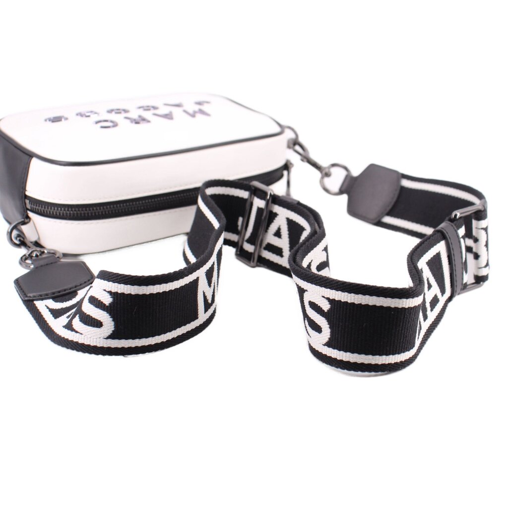 Two-tone camera crossbody bag with wide logo webbing strap and metal hooks