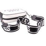 Two-tone camera crossbody bag with wide logo webbing strap and metal hooks