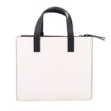 White mini tote with black top handles and small zipper pull on top