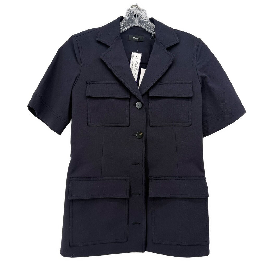 Navy short-sleeve button jacket with two chest pockets and two lower flap pockets