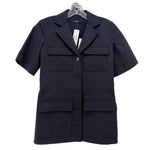 Navy short-sleeve button jacket with two chest pockets and two lower flap pockets