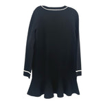 Black swing dress with contrast trim at neckline and cuffs, 3/4 length sleeves