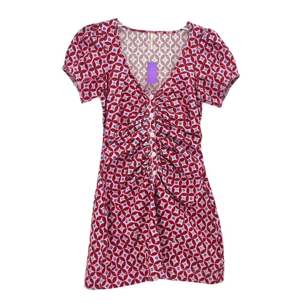 Pink printed ruched dress, V-neck, short puff sleeves