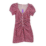 Pink printed ruched dress, V-neck, short puff sleeves