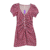 Pink printed ruched dress, V-neck, short puff sleeves