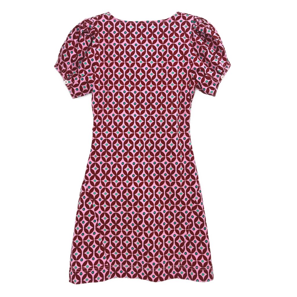 Pink printed dress with gathered waist and short puff sleeves