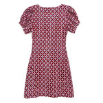 Pink printed dress with gathered waist and short puff sleeves