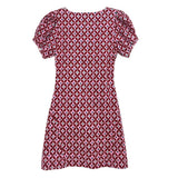 Pink printed dress with gathered waist and short puff sleeves