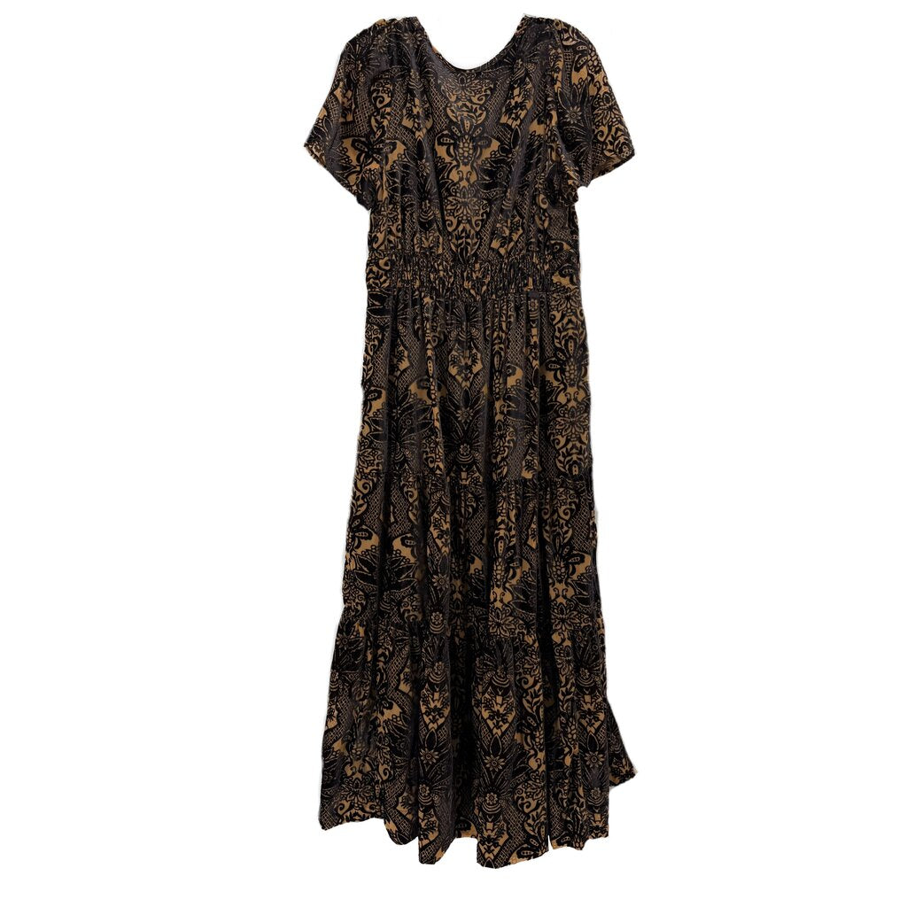 anthro maxi dress By Together Anthro Tiered Lined Maxi Dress Sz M Floral Boho Hippie Brown Sheer