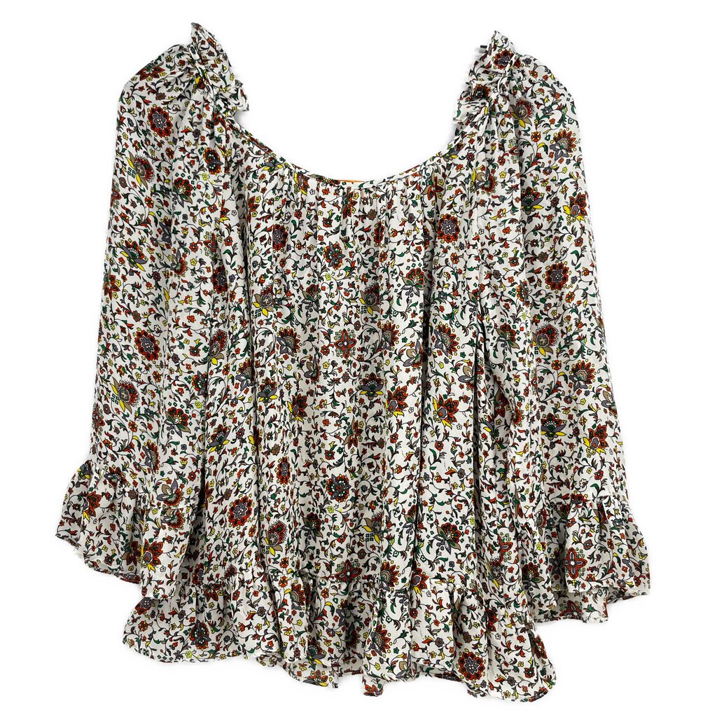Beige floral blouse with gathered neckline and flared sleeves, tiered ruffle hem
