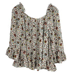 Beige floral blouse with gathered neckline and flared sleeves, tiered ruffle hem