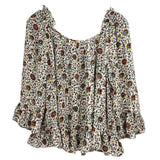 Beige floral blouse with gathered neckline and flared sleeves, tiered ruffle hem