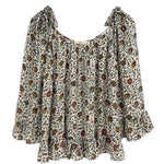 Beige floral blouse with gathered scoop neckline and puff sleeves, ruffled hem