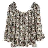 Beige floral blouse with gathered scoop neckline and puff sleeves, ruffled hem