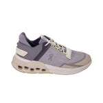 Gray running sneakers with white laces, cream heel panel, lime detailing on outsole