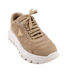 PRADA tan suede low-top sneakers with lace-up front and white rubber sole