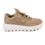 PRADA tan suede sneaker with lace-up eyelets, triangular logo patch, white sole