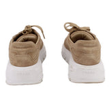 PRADA tan suede sneakers with rear logo patch and white sole