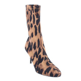 Leopard print ankle booties with pointed toe and stiletto heel, brown.