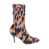 Leopard print ankle bootie with pointed toe and stiletto heel in brown.