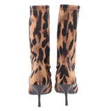 Back view of leopard print ankle booties with stiletto heels, brown.