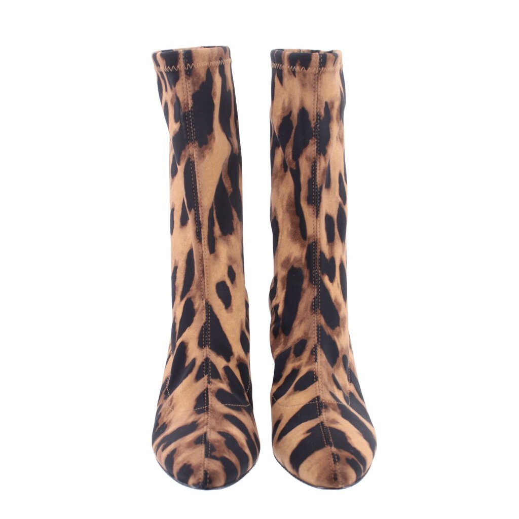 Pair of leopard print ankle booties, pointed toes, stiletto heels, brown.