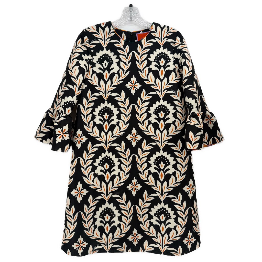 Black printed V-neck dress with short sleeves and ornate floral damask pattern.