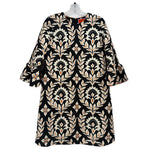 Black printed V-neck dress with short sleeves and ornate floral damask pattern.