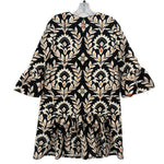 Black printed dress with short bell sleeves and ornate floral damask pattern, back view.