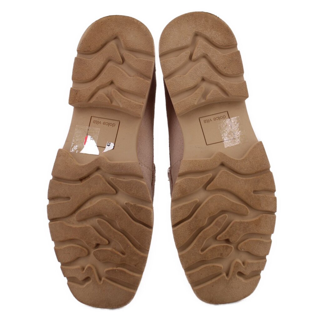 Tan suede loafer outsoles with textured tread and slip-resistant lug pattern