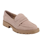 Tan suede slip-on loafers with moc toe stitching and chunky rubber lug sole