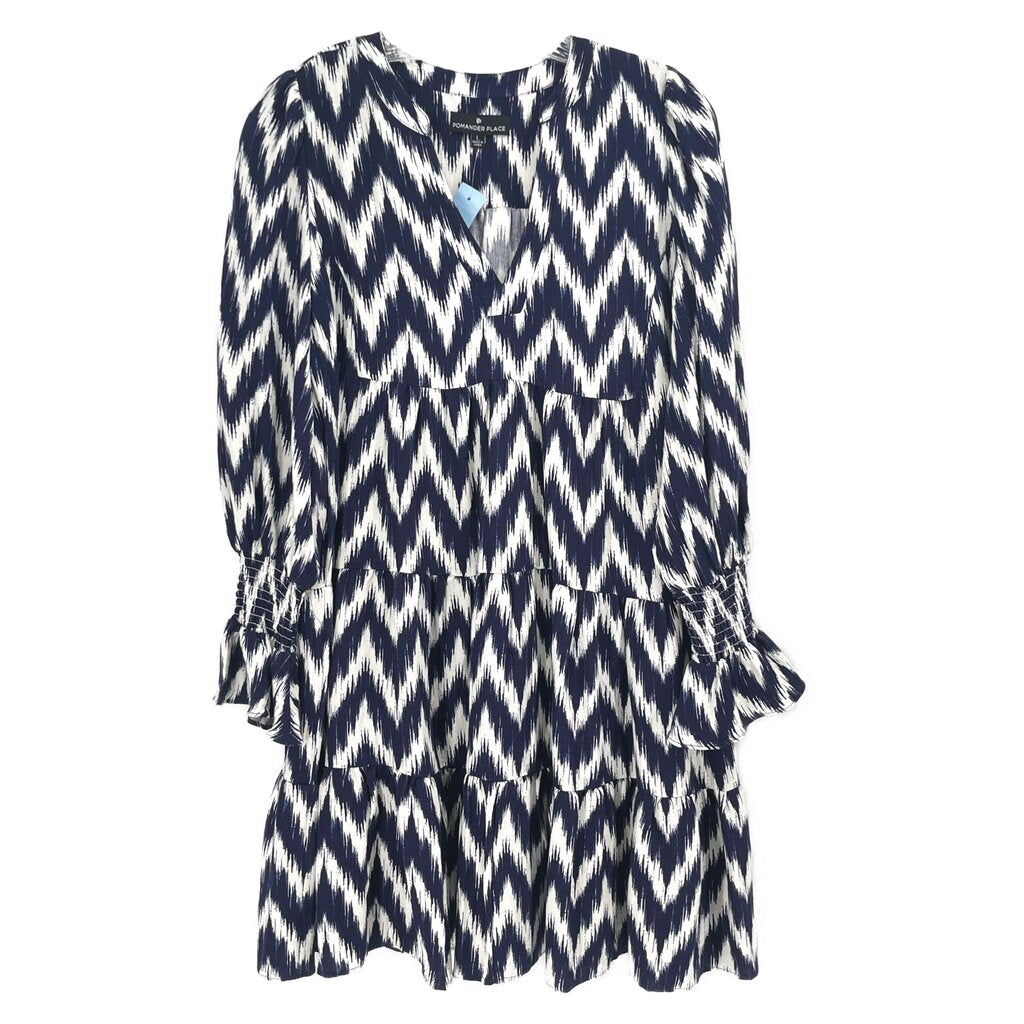Blue and white zigzag ruffle dress with long sleeves and tiered skirt