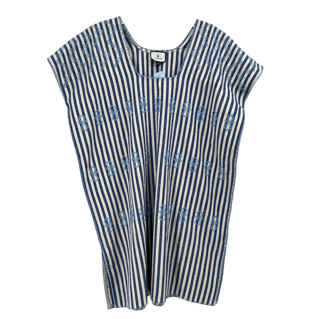 Striped blue dress with short sleeves and embroidered front panel